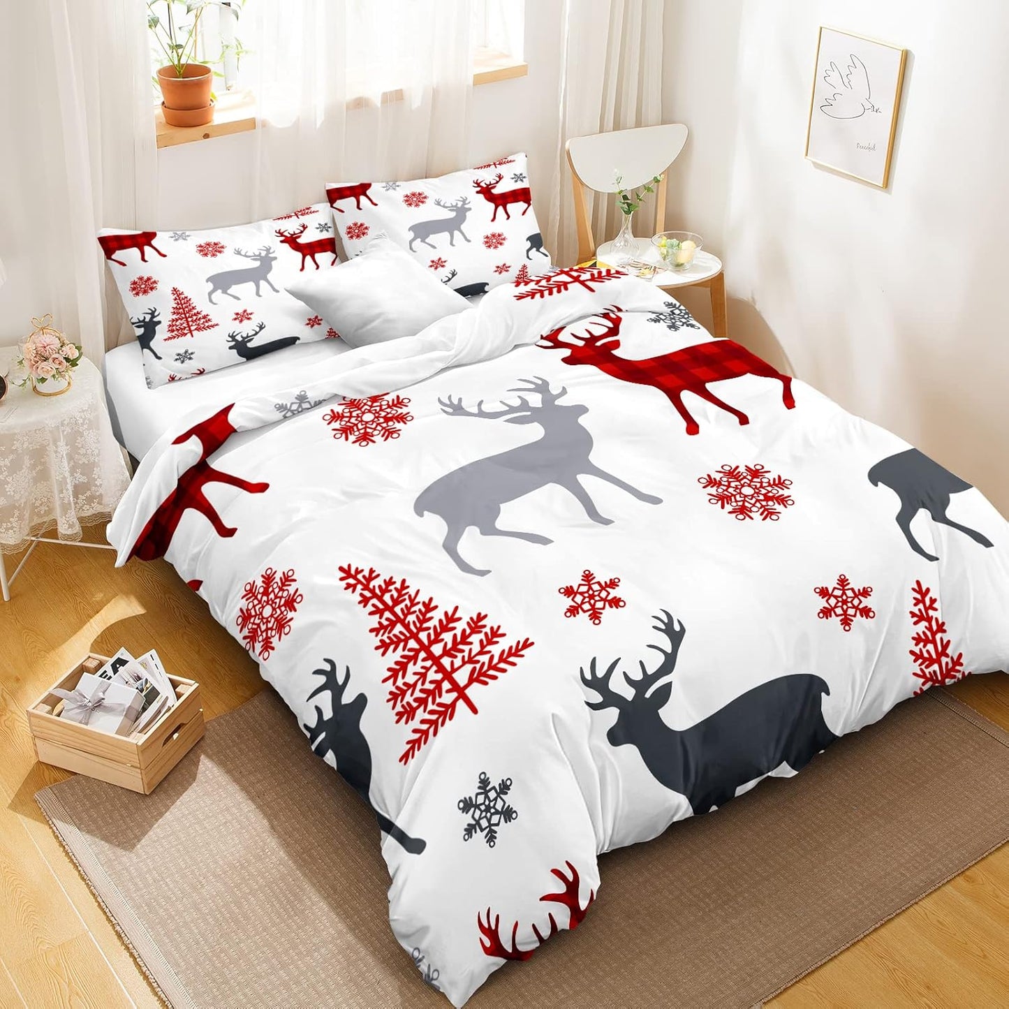 Cozy Up Your Bedroom with the Lodge Reindeer Duvet Cover Set - 3-Piece Rustic Moose Elk Bedding Collection in Queen Size