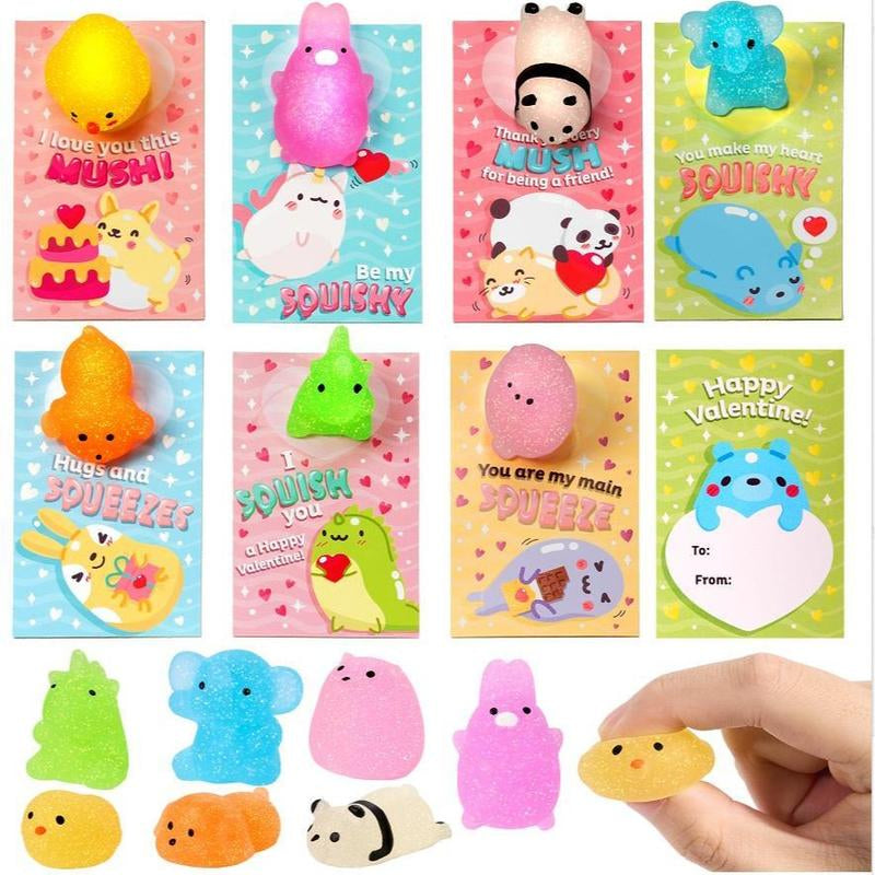 30-Piece Cute Keychain Set with Card Exchange Gifts for Valentine's Day Classroom Celebrations, Party Favors, and Holiday Rewards / 28-Piece Kids Valentine's Cards Featuring Glitter Mochi Squishy Toys