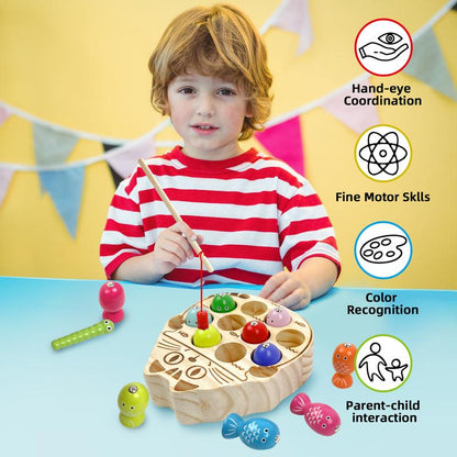 Edutree Wooden Magnetic Fishing Game for Toddlers Aged 1-3, Montessori Sensory Busy Board for Developing Fine Motor Skills in Young Children