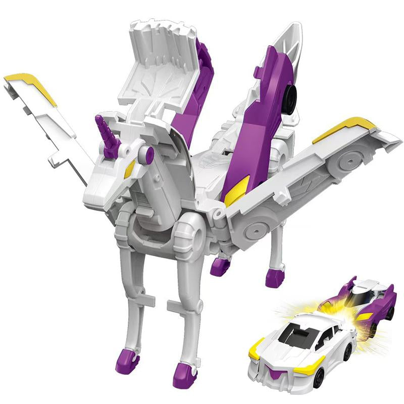Transforming Car Toys into Magical Flying Dinosaurs and Unicorns - 2-Piece Set of Automatic Deformation Car-Robots for Kids with Magnetic Connections