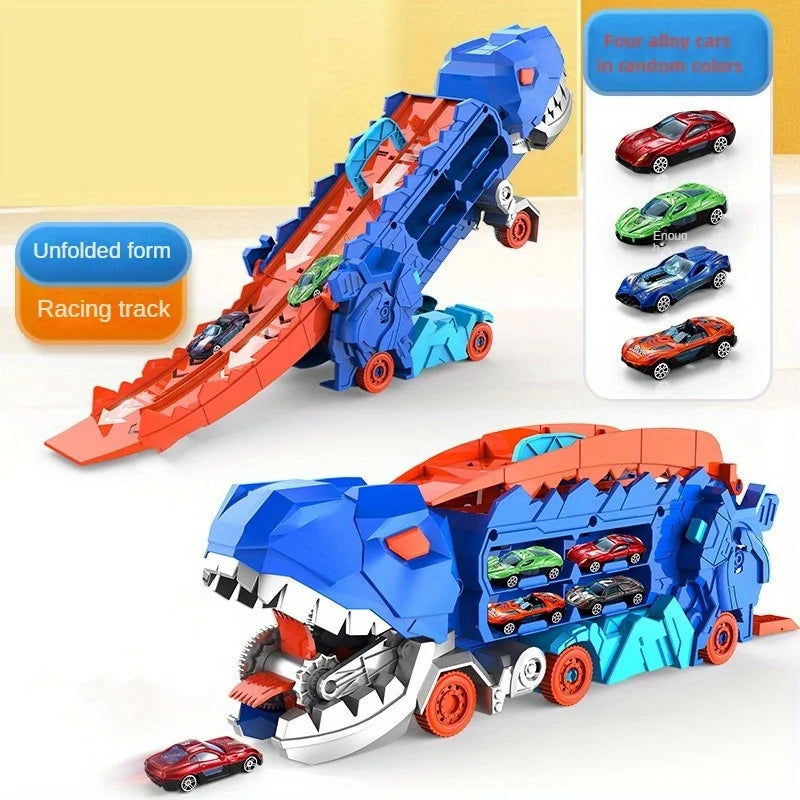 Transform Your Playtime with the Ultimate Transport Dinosaur Truck: 25-Inch Folding Track & Four Alloy Buggies that Become T-Rex Figures!