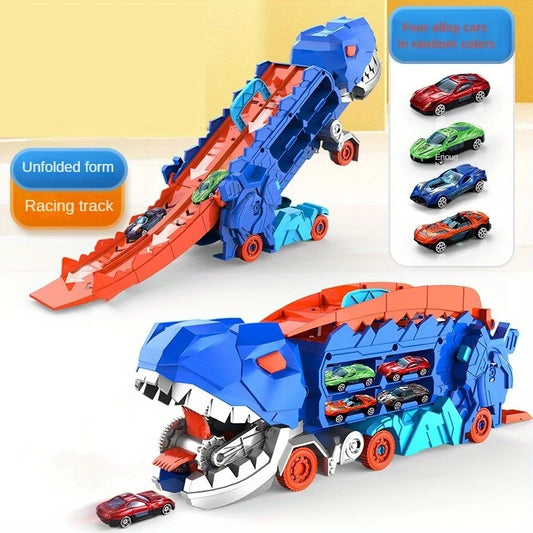 Transform Your Playtime with the Ultimate Transport Dinosaur Truck: 25-Inch Folding Track & Four Alloy Buggies that Become T-Rex Figures!