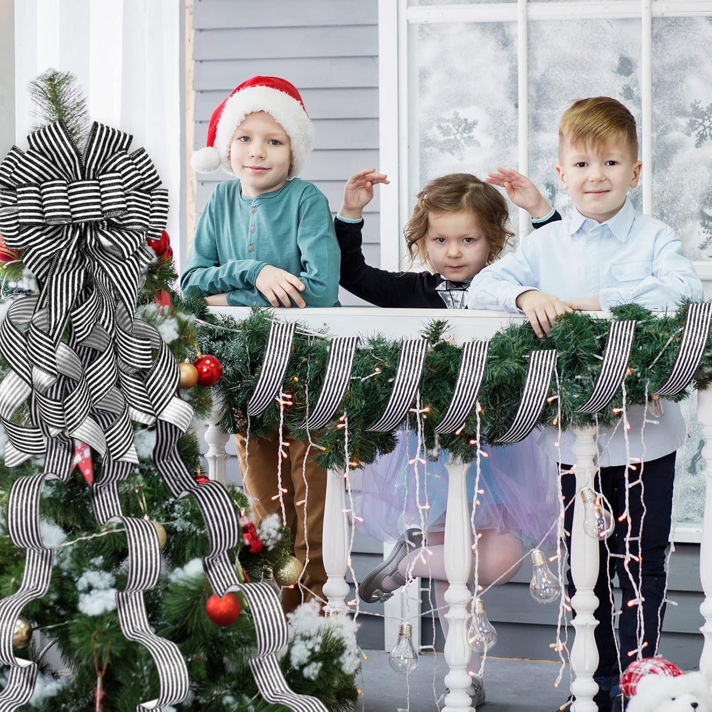 Elevate Your Holiday Spirit with the Classic Christmas Tree Decoration Set - Featuring a Stunning Topper Bow, Elegant Black and White Tree Skirt, and Versatile Wired Ribbons for Farmhouse Charm