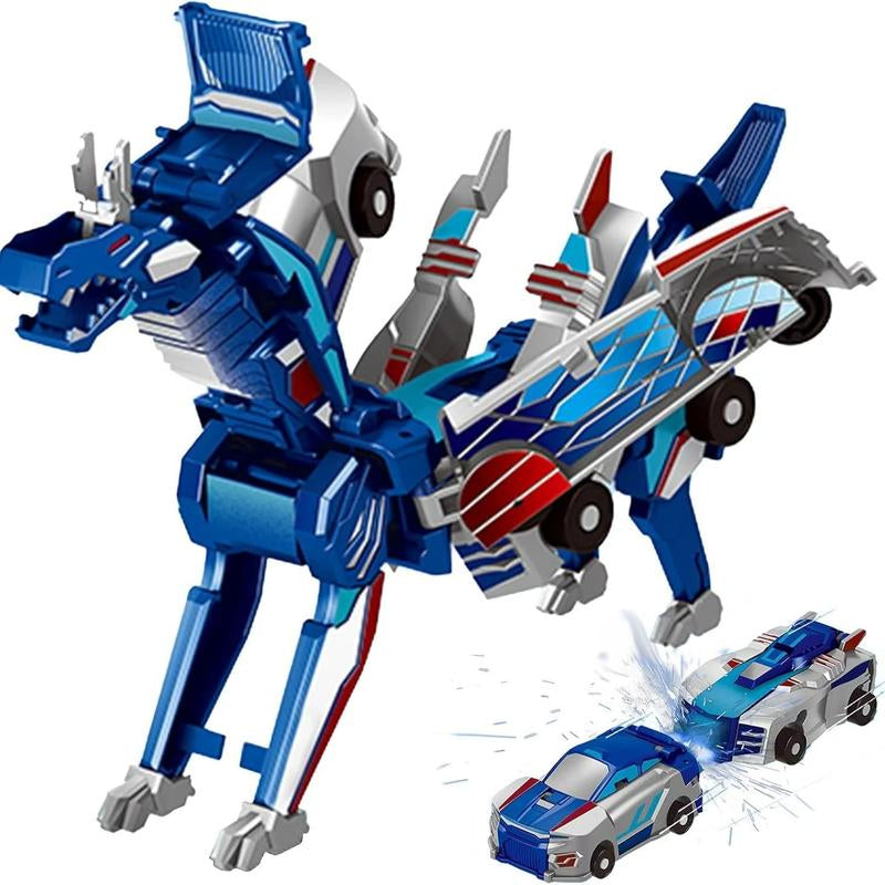 Transforming Car Toys into Magical Flying Dinosaurs and Unicorns - 2-Piece Set of Automatic Deformation Car-Robots for Kids with Magnetic Connections