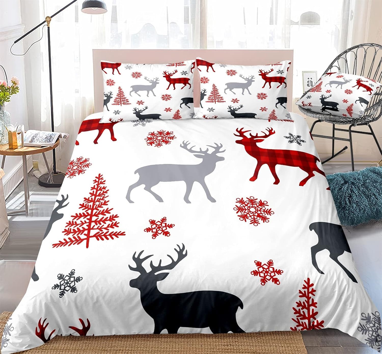 Cozy Up Your Bedroom with the Lodge Reindeer Duvet Cover Set - 3-Piece Rustic Moose Elk Bedding Collection in Queen Size