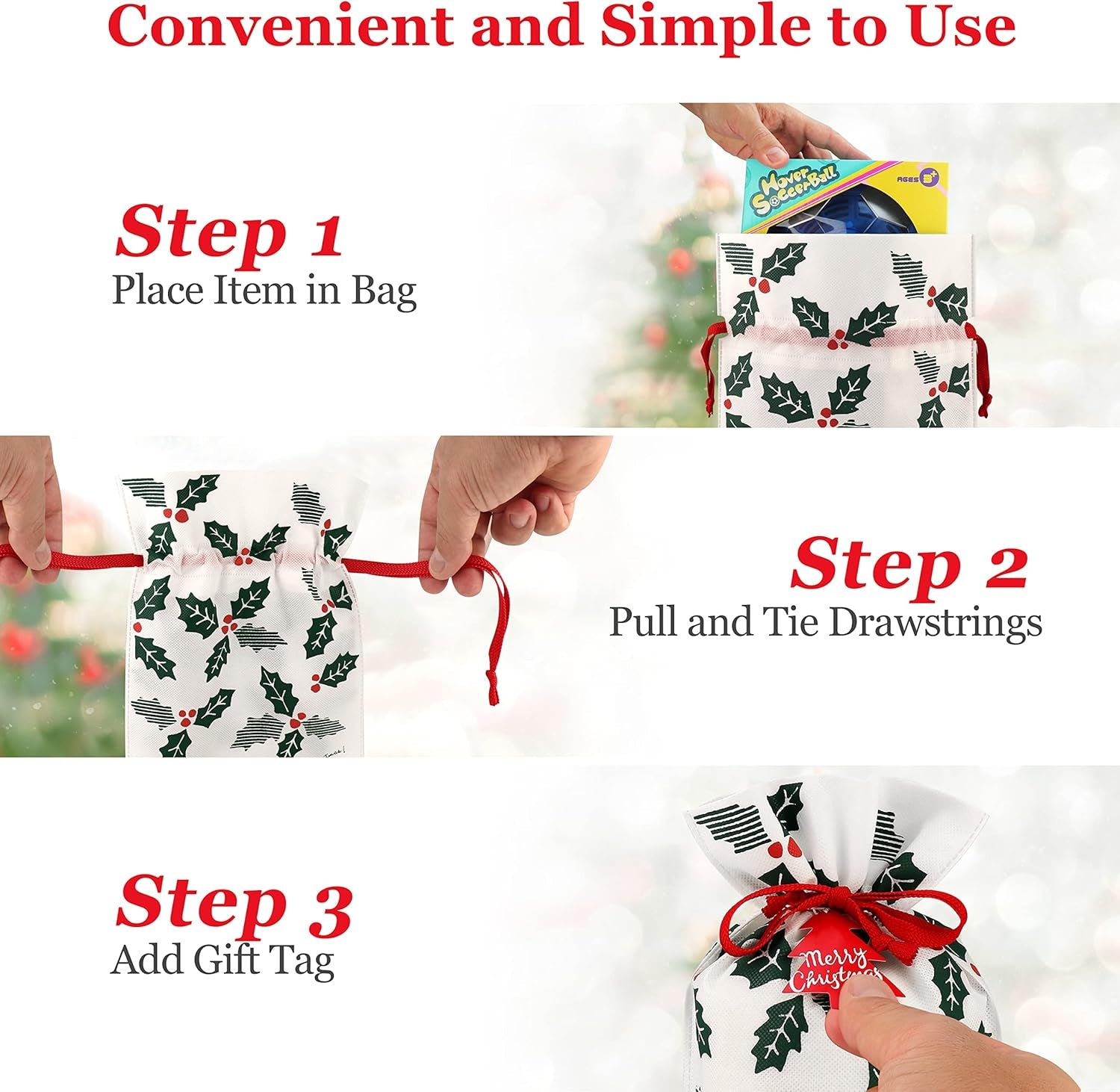 Delightful Large Reusable Fabric Gift Bags Set of 6 - Festive Holly Design for Memorable Christmas Gifting