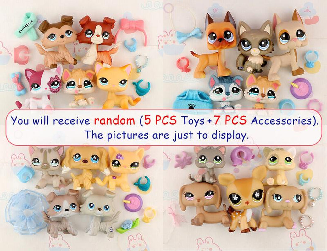 5-Piece Assorted Miniature Cat and Dog Figures with 7-Piece Accessory Set for LPS Collection