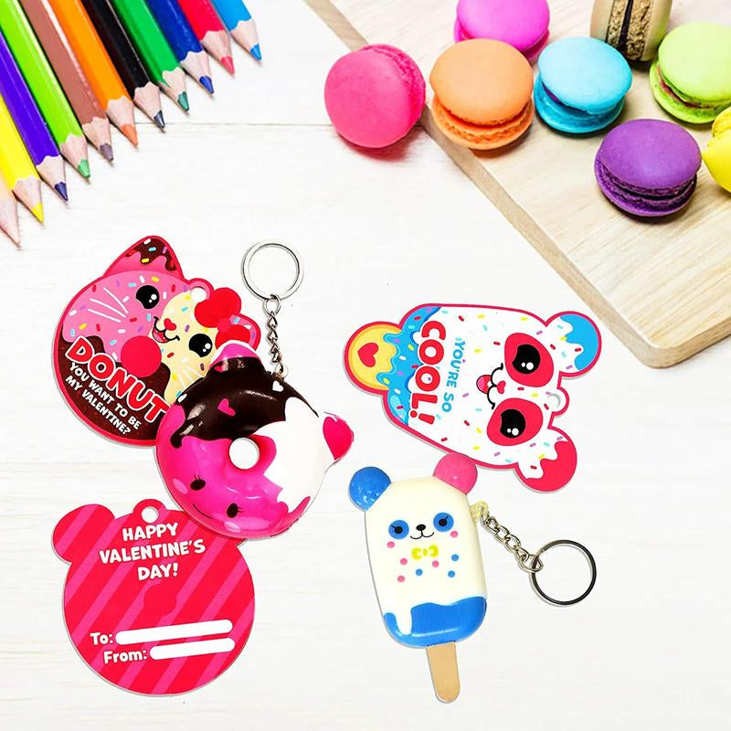 28-Piece Dessert Squishy Toy Keychains with Valentine's Day Cards for Classroom Gift Exchanges - 2025 Edition