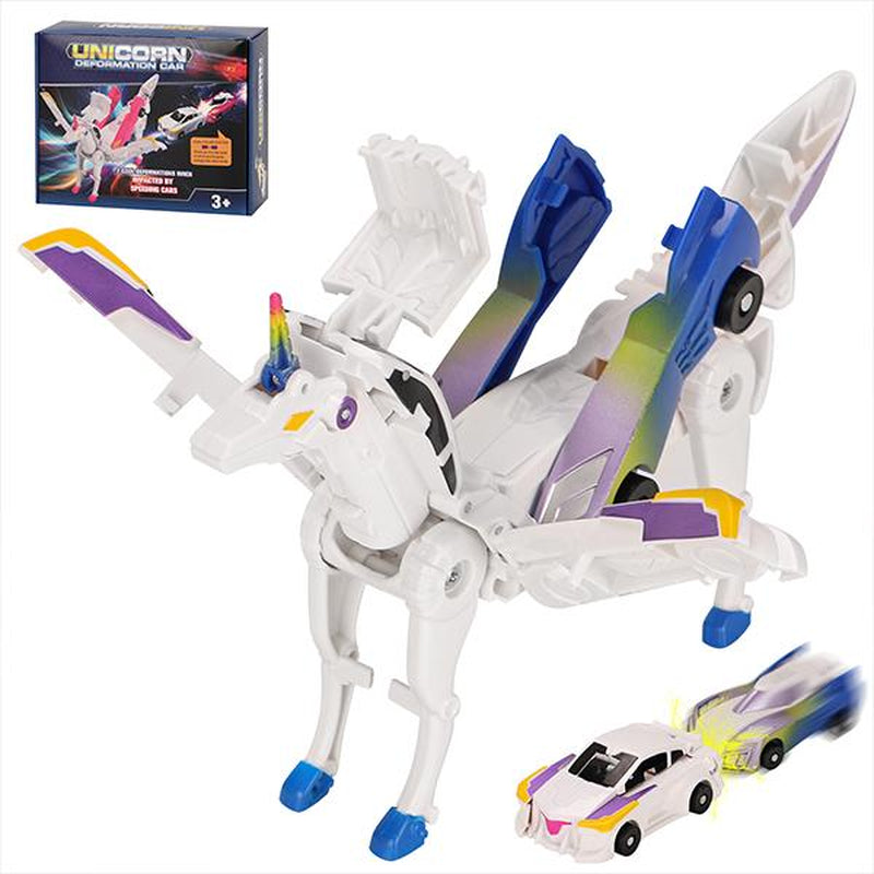 Transforming Car Toys into Magical Flying Dinosaurs and Unicorns - 2-Piece Set of Automatic Deformation Car-Robots for Kids with Magnetic Connections