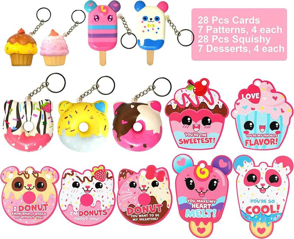 28-Piece Dessert Squishy Toy Keychains with Valentine's Day Cards for Classroom Gift Exchanges - 2025 Edition
